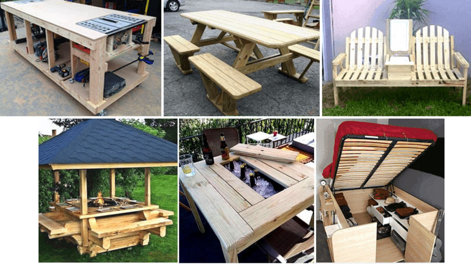 Collage of outdoor wooden tables, benches and furniture projects