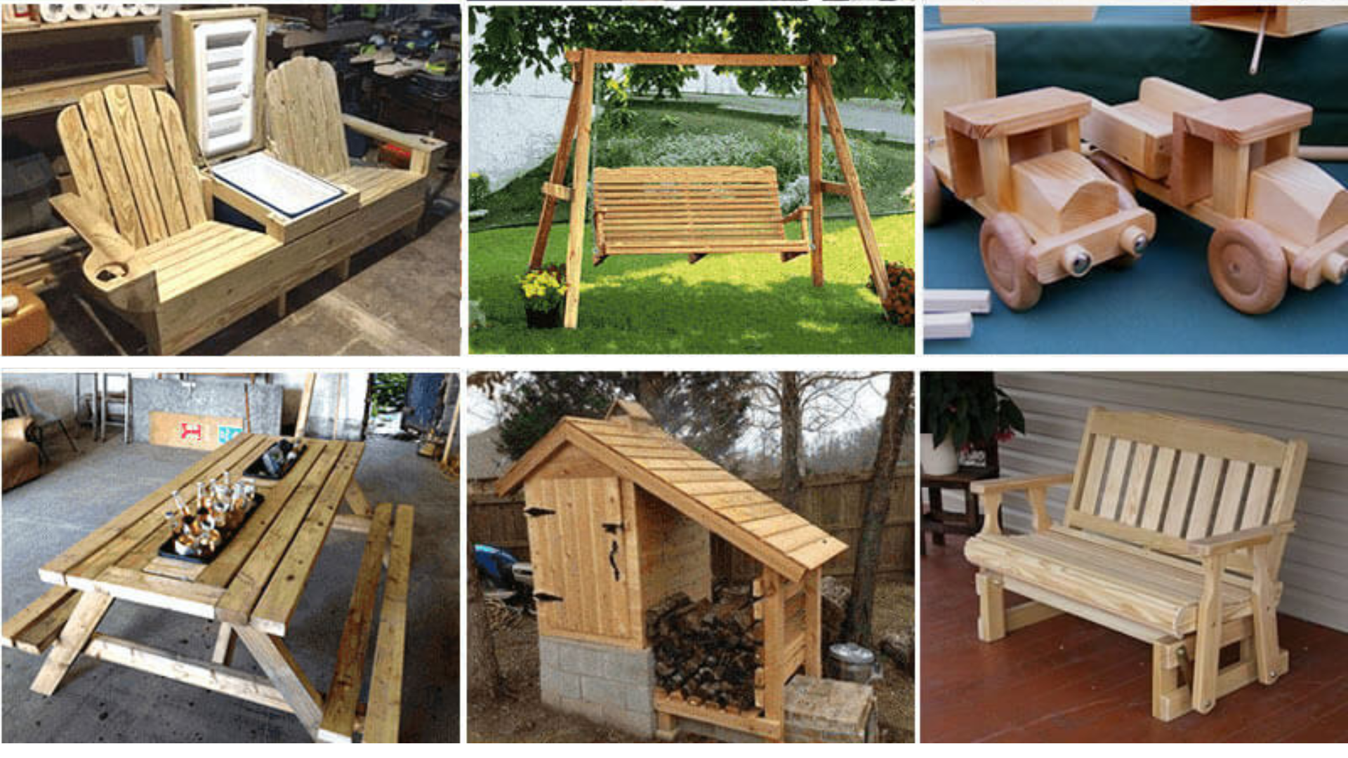 Wooden swing, chairs, sheds and decorative pieces built by community
